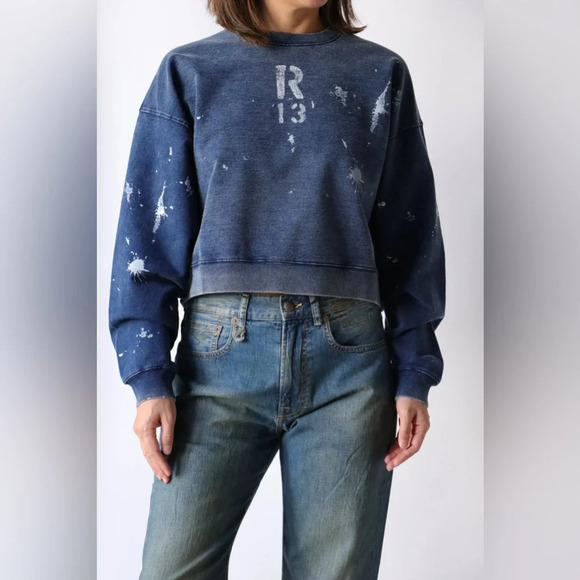 NWT R13 Cropped Distressed Crewneck Sweatshirt in Indigo Blue Paint | size S - Picture 2 of 12